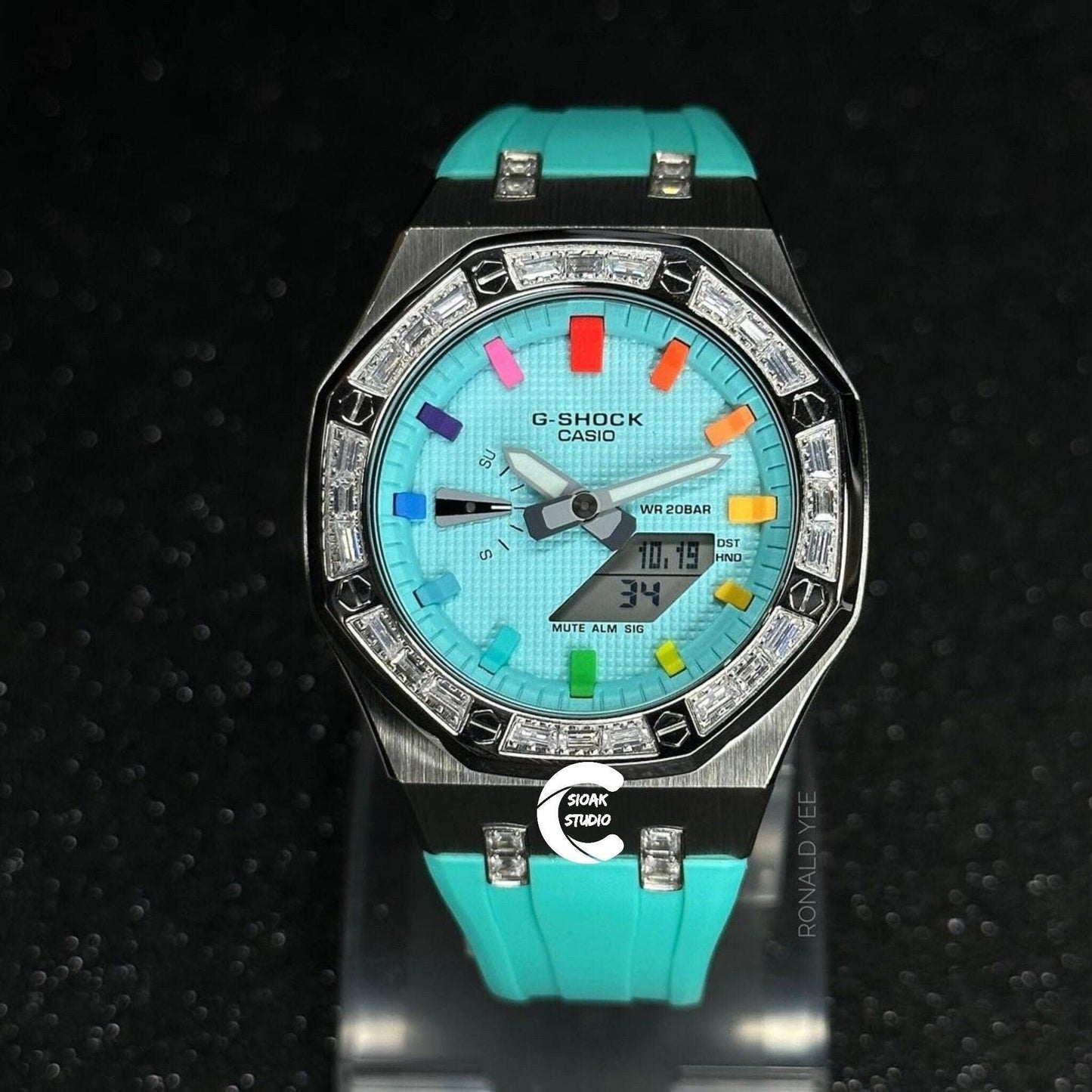 Casioak Mod Watch Diamond Silver Case Tiffany Strap Tiffany Rainbow Time Mark Tiffany Blue Dial 44mm - Casioak Studio