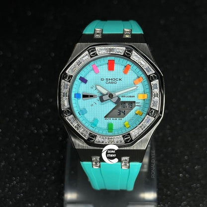 Casioak Mod Watch Diamond Silver Case Tiffany Strap Tiffany Rainbow Time Mark Tiffany Blue Dial 44mm - Casioak Studio