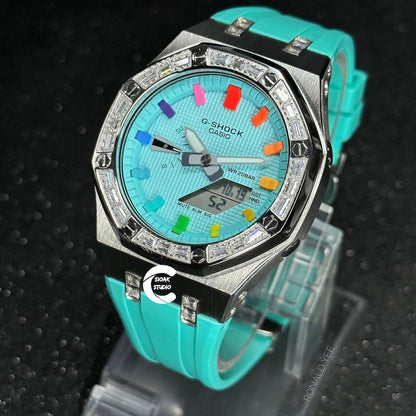 Casioak Mod Watch Diamond Silver Case Tiffany Strap Tiffany Rainbow Time Mark Tiffany Blue Dial 44mm - Casioak Studio