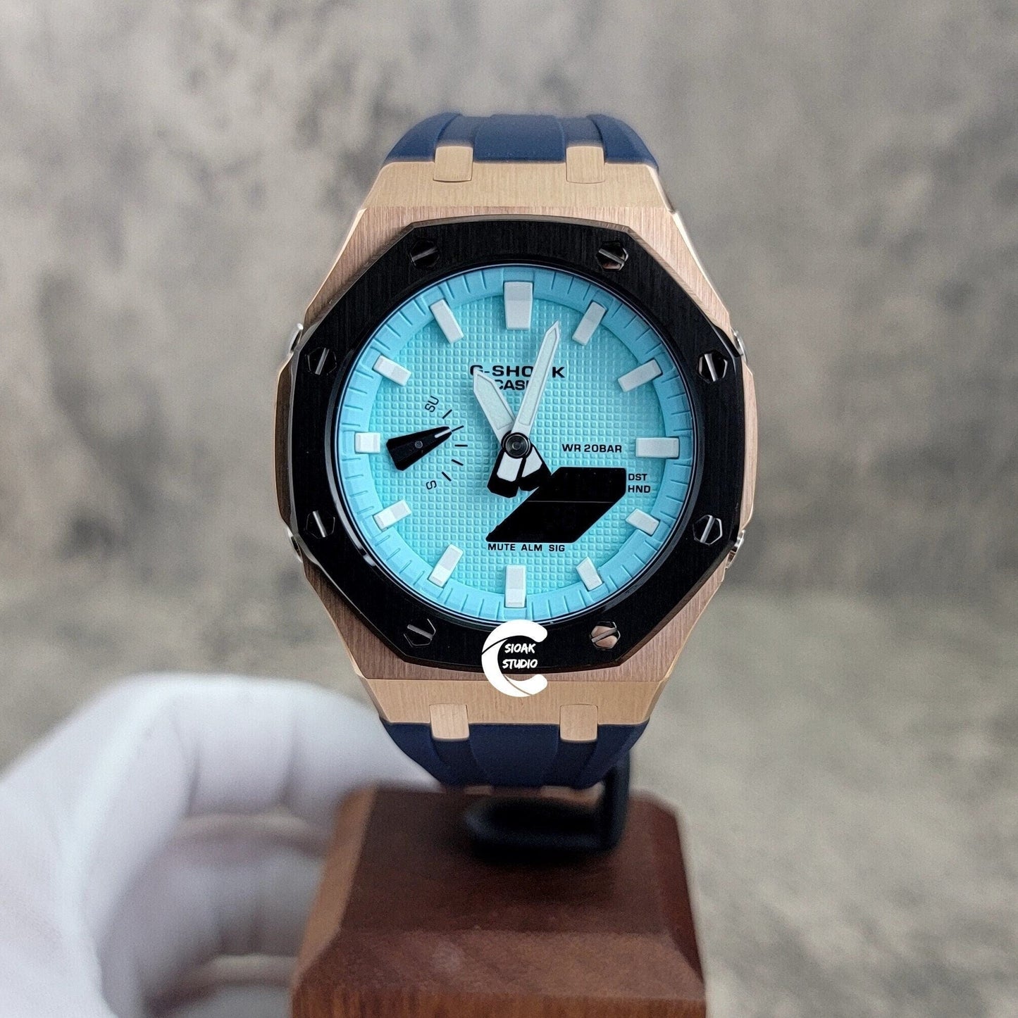 Casioak Mod Watch Black Rose Gold Case Blue Rubber Strap Tiffany White Time Mark Tiffany Blue Dial 44mm - Casioak Studio