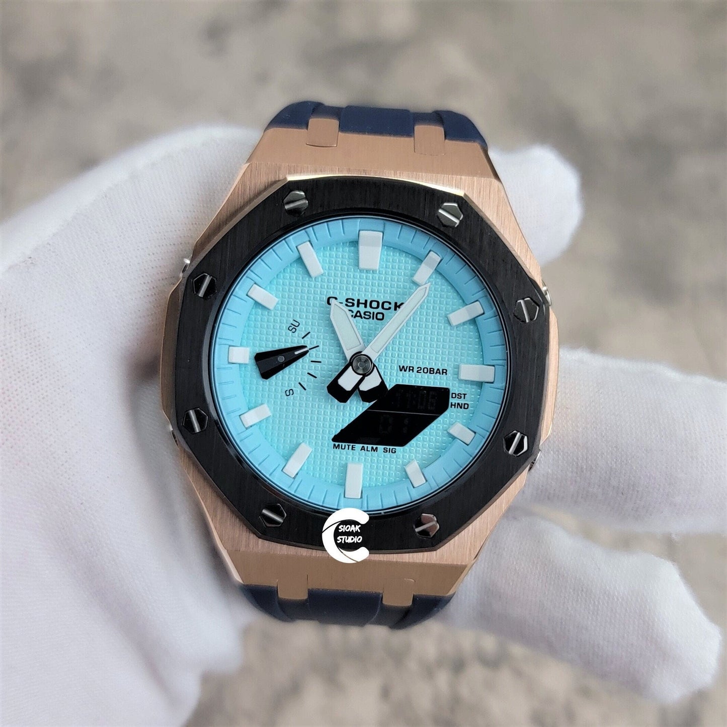 Casioak Mod Watch Black Rose Gold Case Blue Rubber Strap Tiffany White Time Mark Tiffany Blue Dial 44mm - Casioak Studio