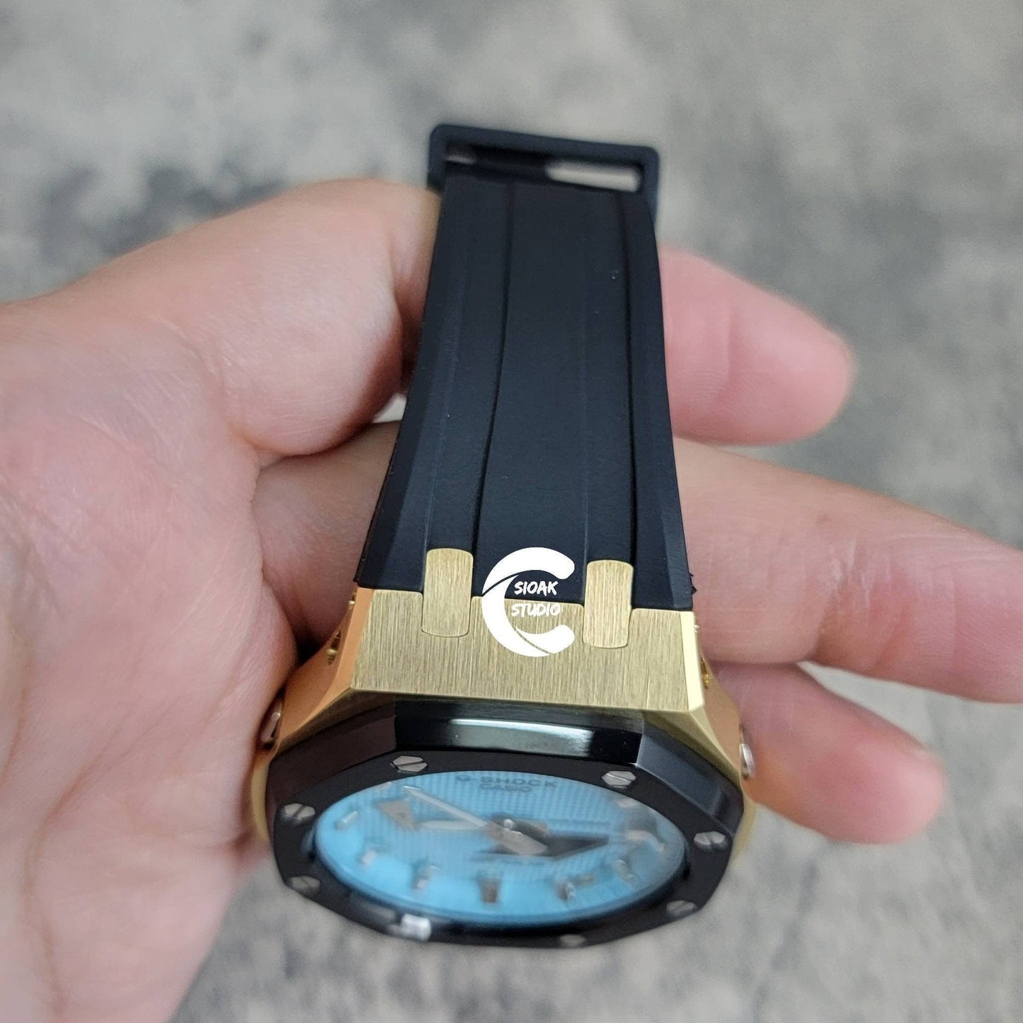 Casioak Mod Watch Black Gold Case Black Rubber Strap Tiffany Silver Time Mark Tiffany Blue Dial 44mm - Casioak Studio