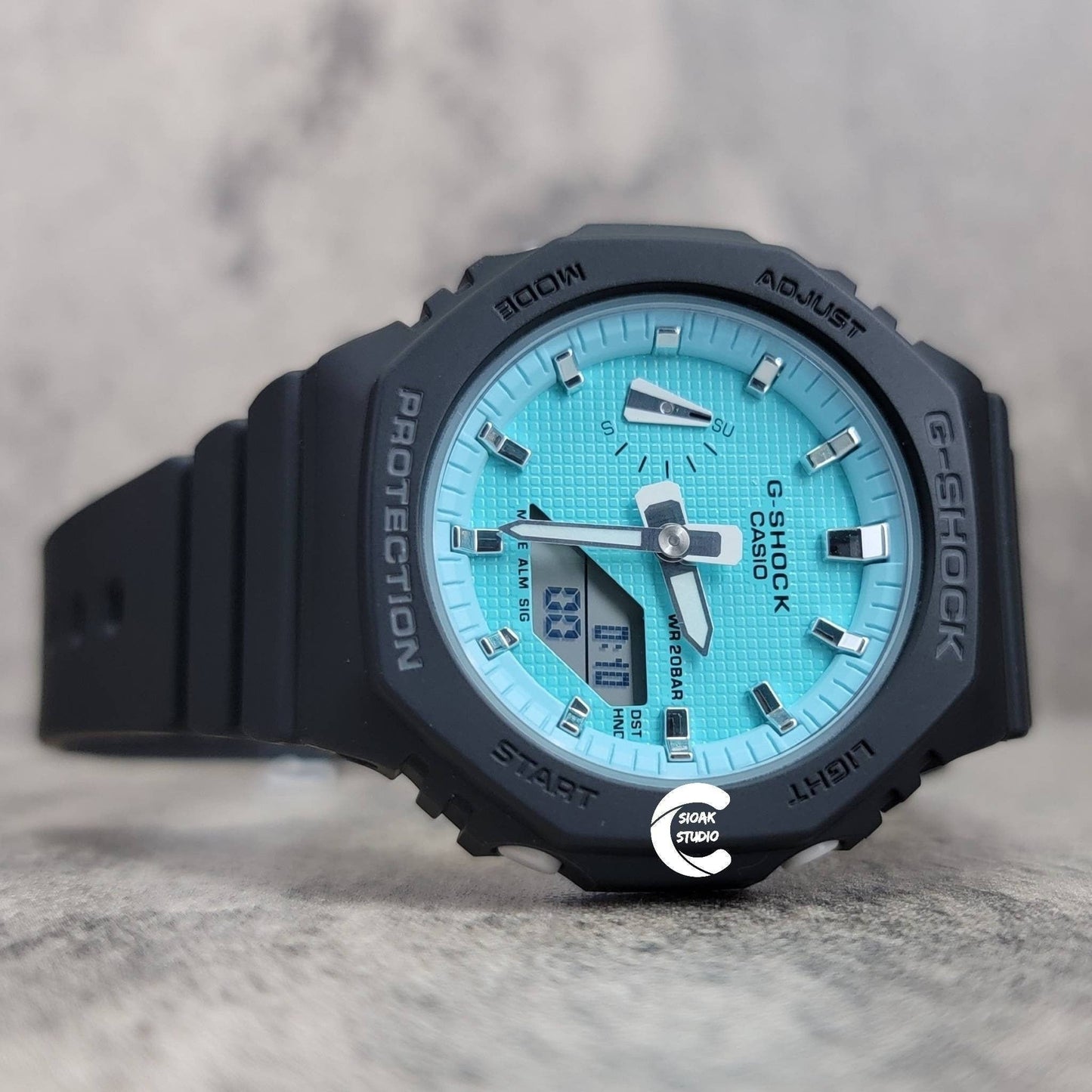 Casioak Mod Watch Black Plastic Case Strap Tiffany white Time Mark Tiffany Blue Dial 42mm - Casioak Studio