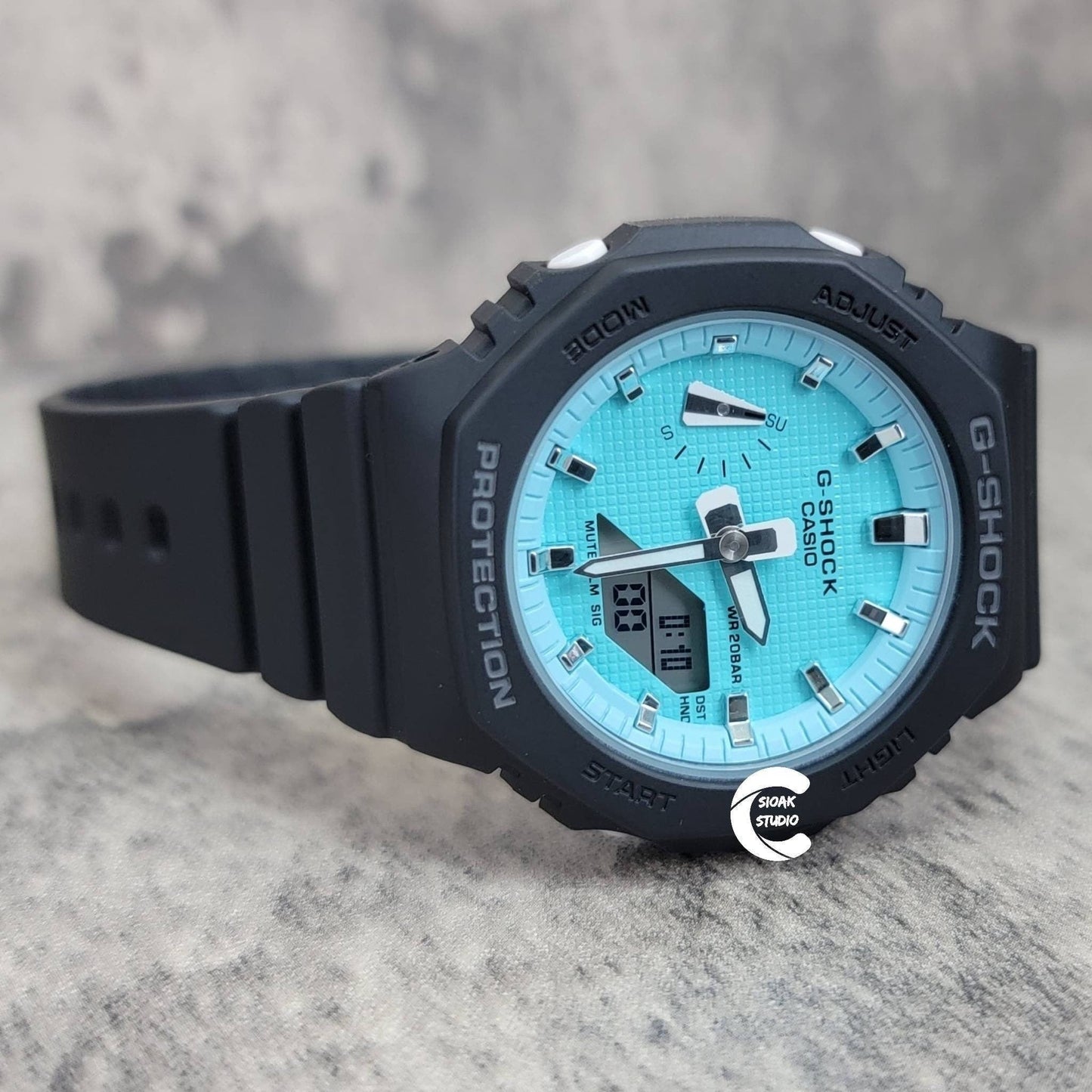 Casioak Mod Watch Black Plastic Case Strap Tiffany white Time Mark Tiffany Blue Dial 42mm - Casioak Studio