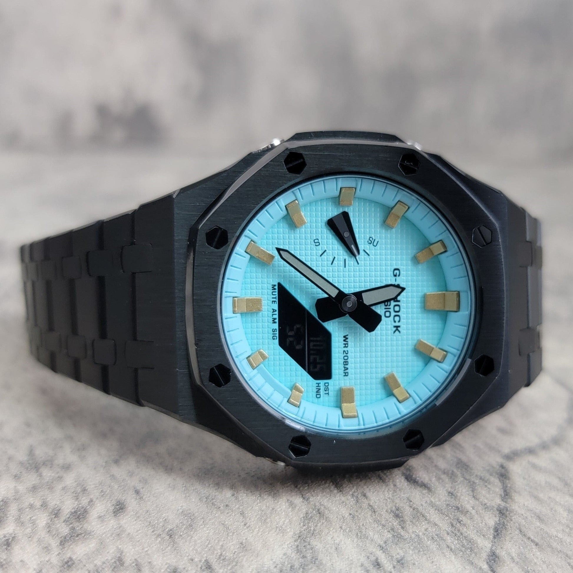 Casioak Mod Watch Black Case Metal Strap Tiffany Gold Time Mark Tiffany Blue Dial 44mm - Casioak Studio