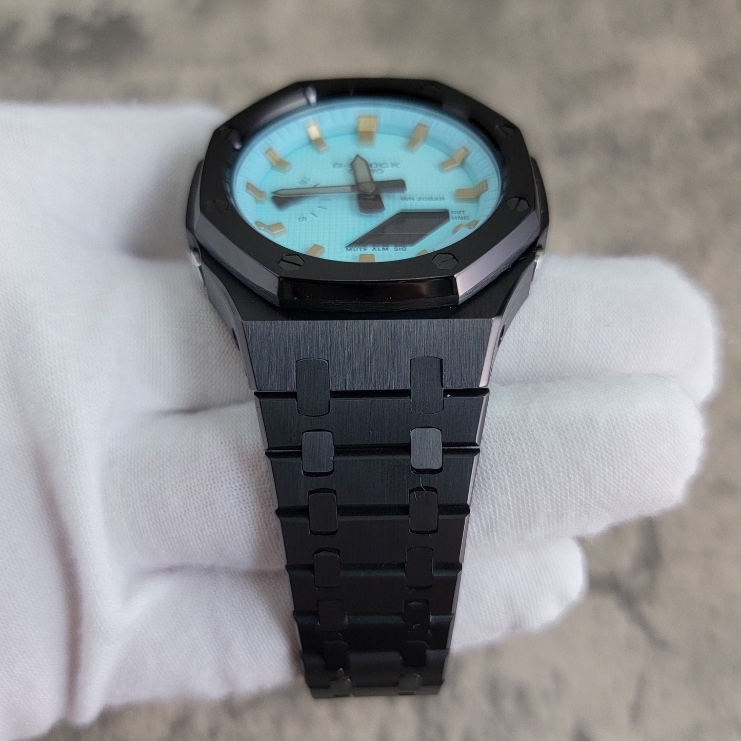 Casioak Mod Watch Black Case Metal Strap Tiffany Gold Time Mark Tiffany Blue Dial 44mm - Casioak Studio