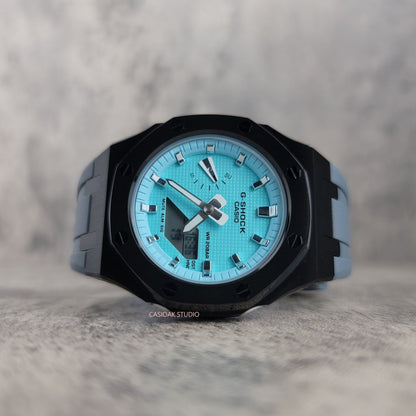 Casioak Mod Watch Black Case Gray Rubber Strap Tiffany Silver Time Mark Tiffany Blue Dial 42mm - Casioak Studio