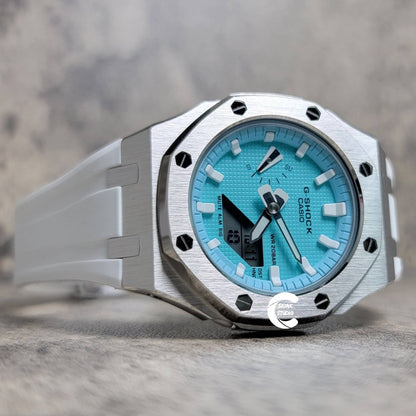 Casioak Mod Watch Silver Case White Rubber Strap Tiffany White Time Mark Tiffany Blue Dial 42mm - Casioak Studio