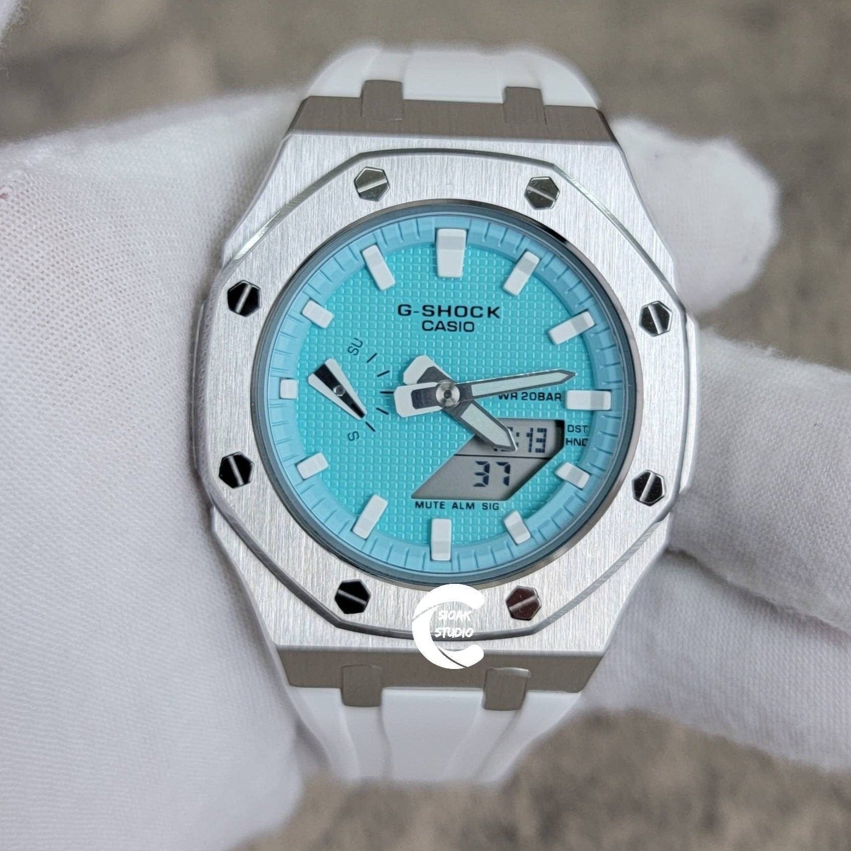 Casioak Mod Watch Silver Case White Rubber Strap Tiffany White Time Mark Tiffany Blue Dial 42mm - Casioak Studio