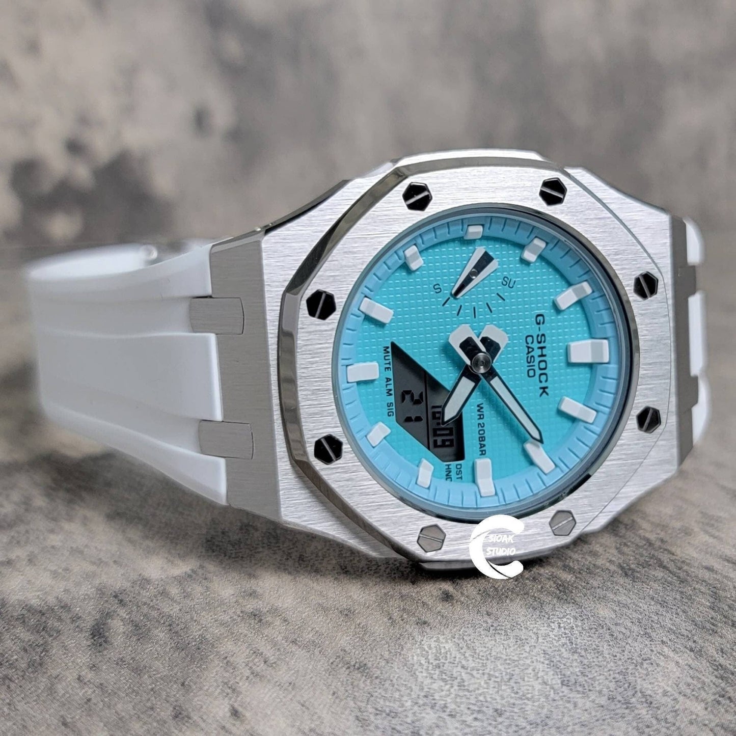 Casioak Mod Watch Silver Case White Rubber Strap Tiffany White Time Mark Tiffany Blue Dial 42mm - Casioak Studio