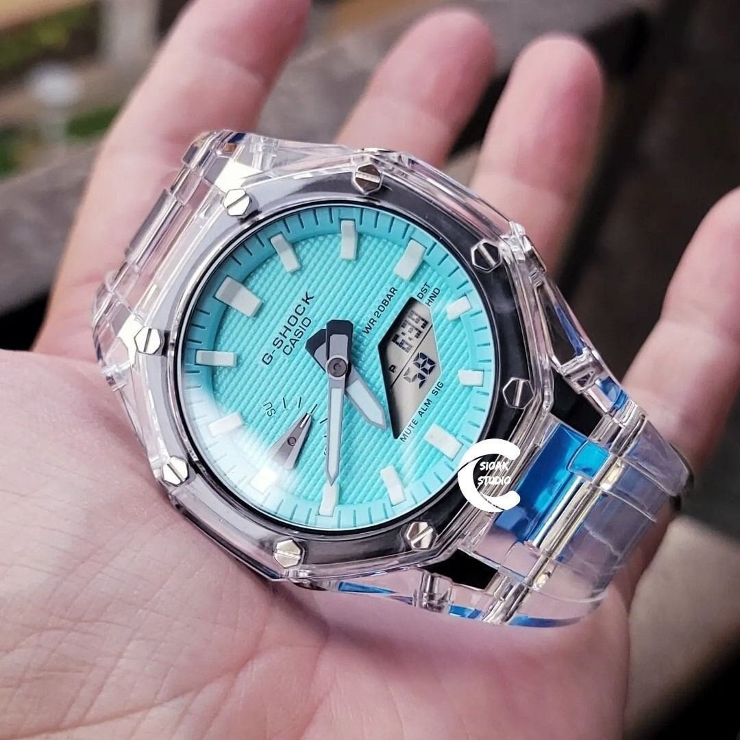 Casioak Mod Watch Transparent Case Strap Tiffany White Time Mark Tiffany Blue Dial 44mm - Casioak Studio