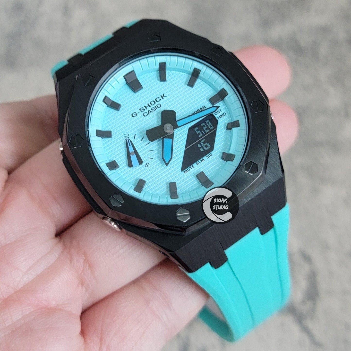 Casioak Mod Watch Black Case Tiffany Rubber Strap Tiffany Time Mark Tiffany Blue Dial 44mm - Casioak Studio