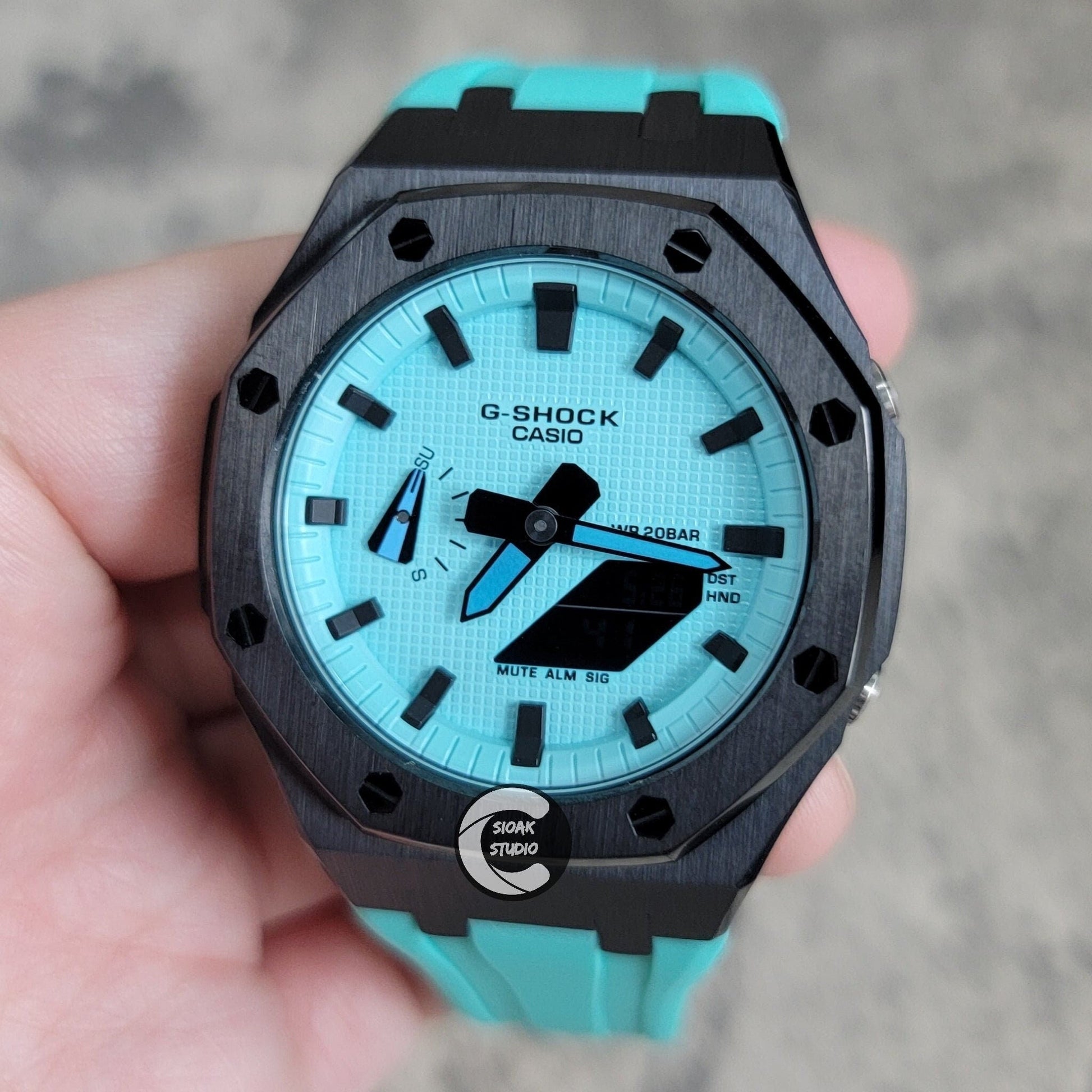 Casioak Mod Watch Black Case Tiffany Rubber Strap Tiffany Time Mark Tiffany Blue Dial 44mm - Casioak Studio