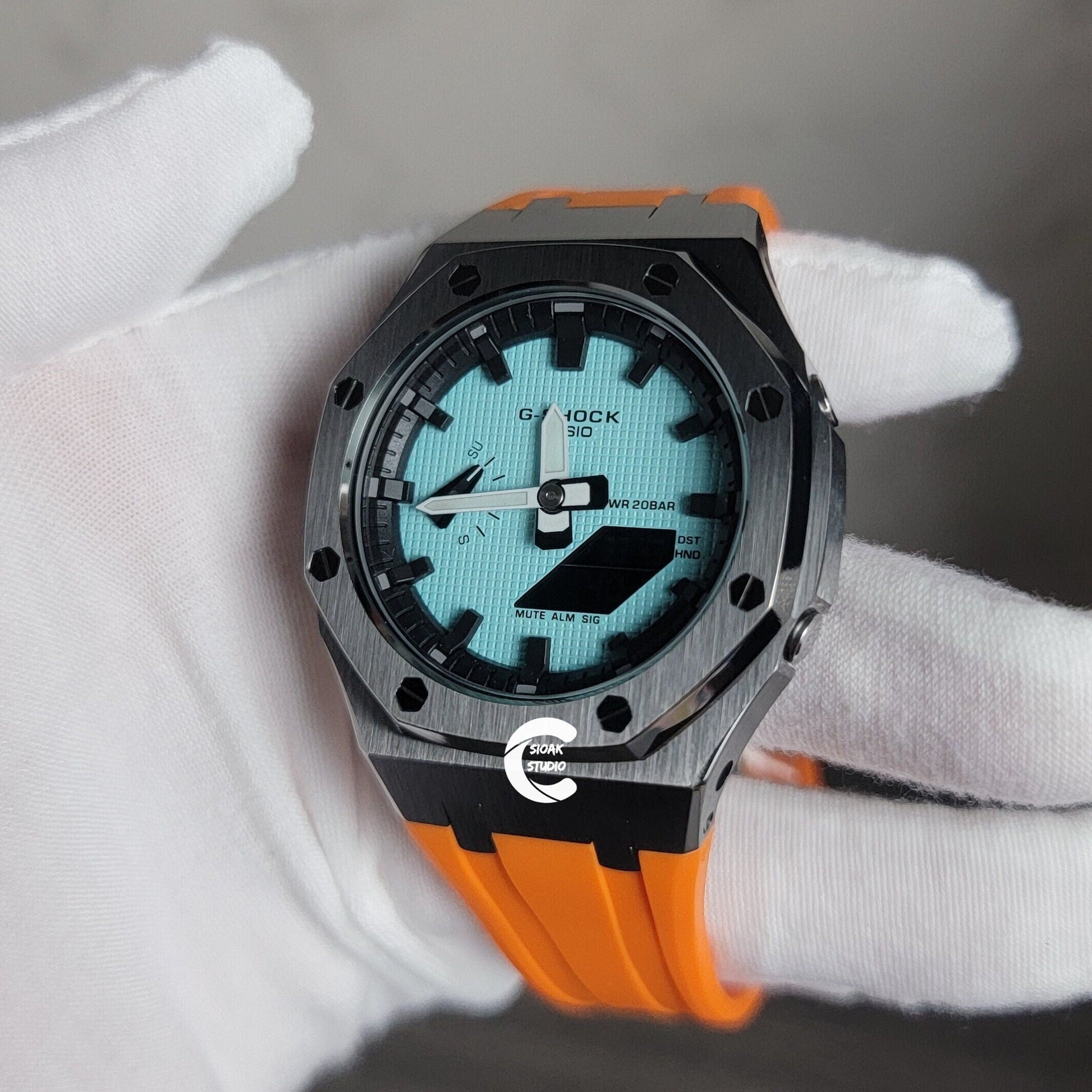 Casioak Mod Watch Gray Case Orange Rubber Strap Black Time Mark Tiffany Blue Dial 44mm - Casioak Studio