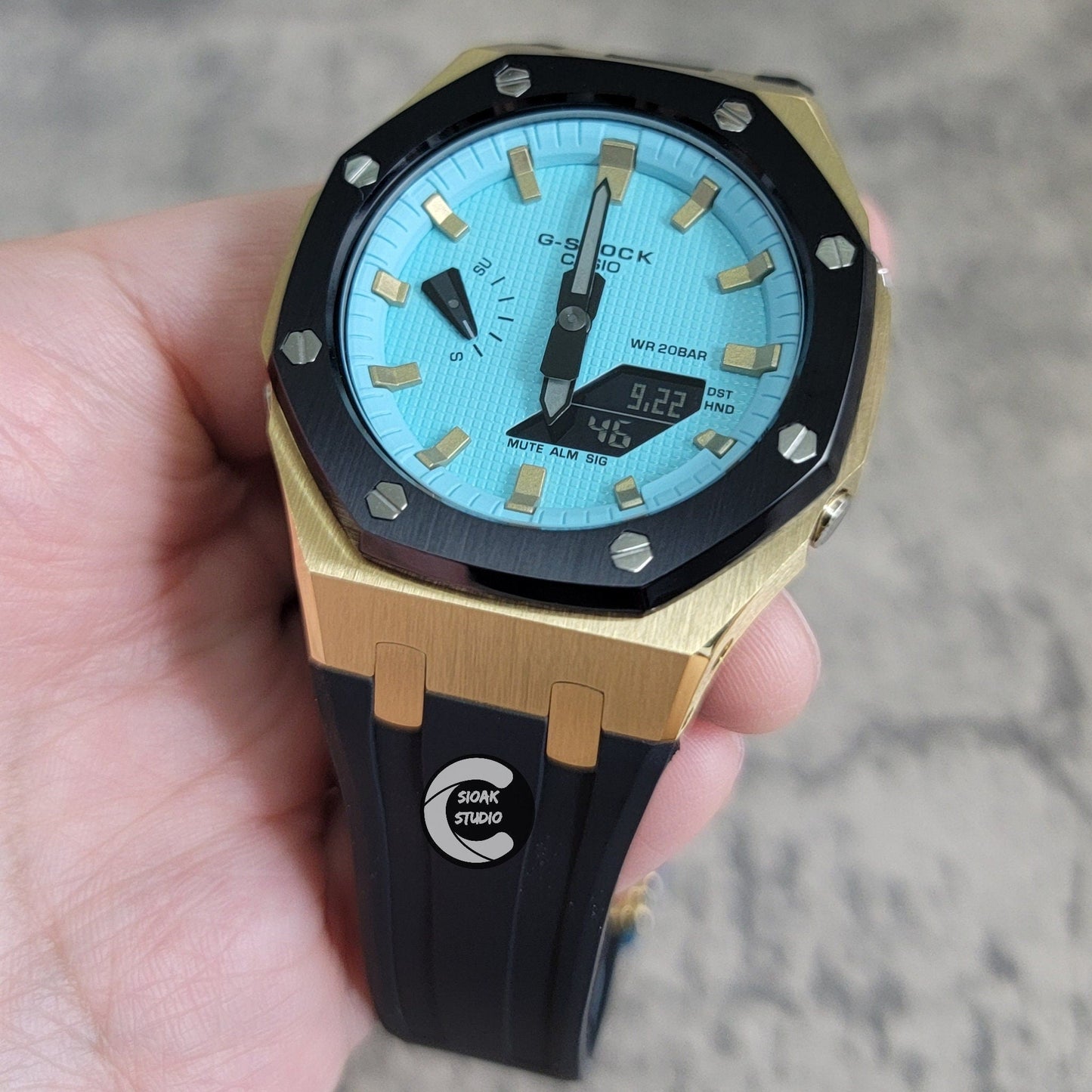 Casioak Mod Watch Black Gold Case Black Rubber Strap Black Gold Time Mark Tiffany Blue Dial 44mm - Casioak Studio