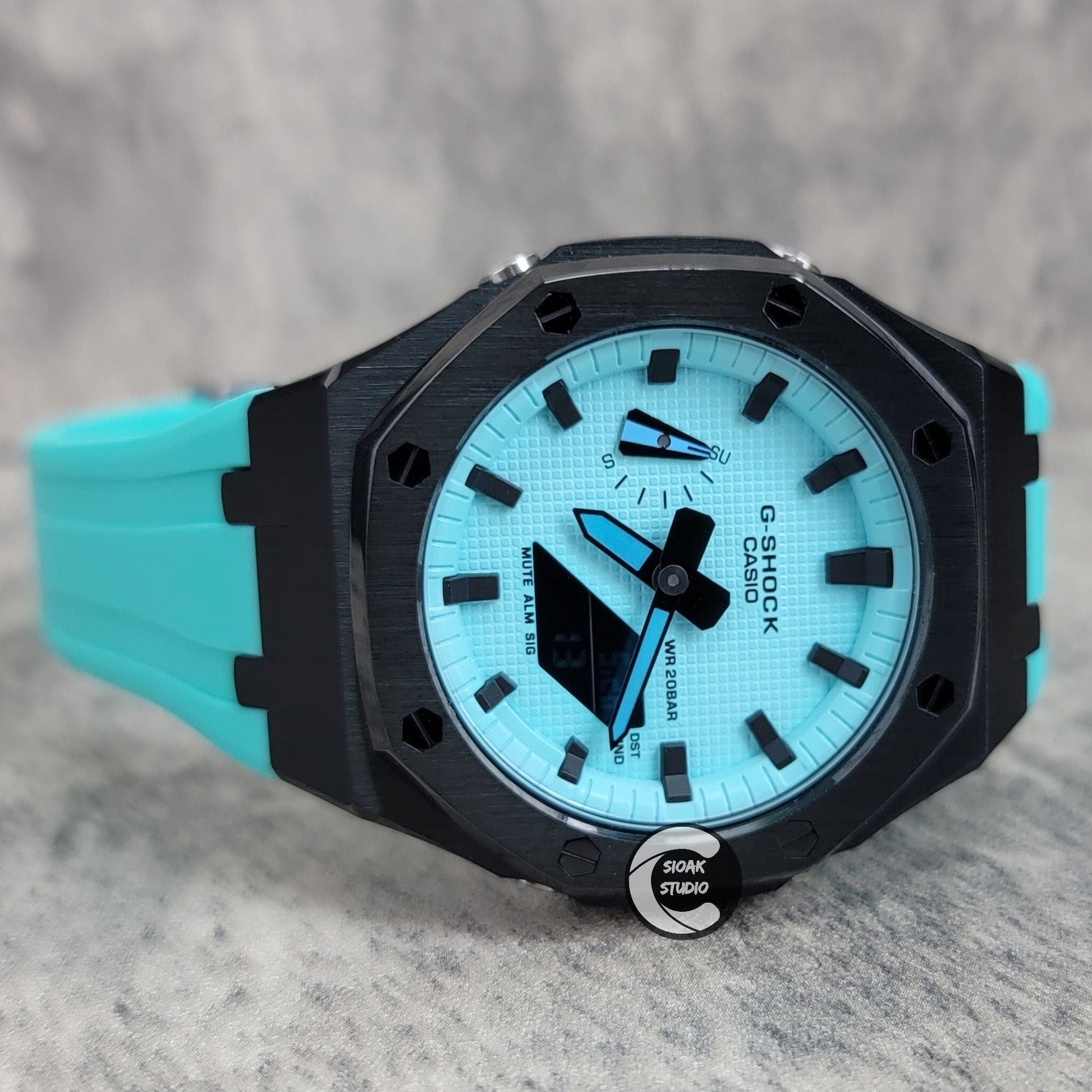 Casioak Mod Watch Black Case Tiffany Rubber Strap Tiffany Time Mark Tiffany Blue Dial 44mm - Casioak Studio