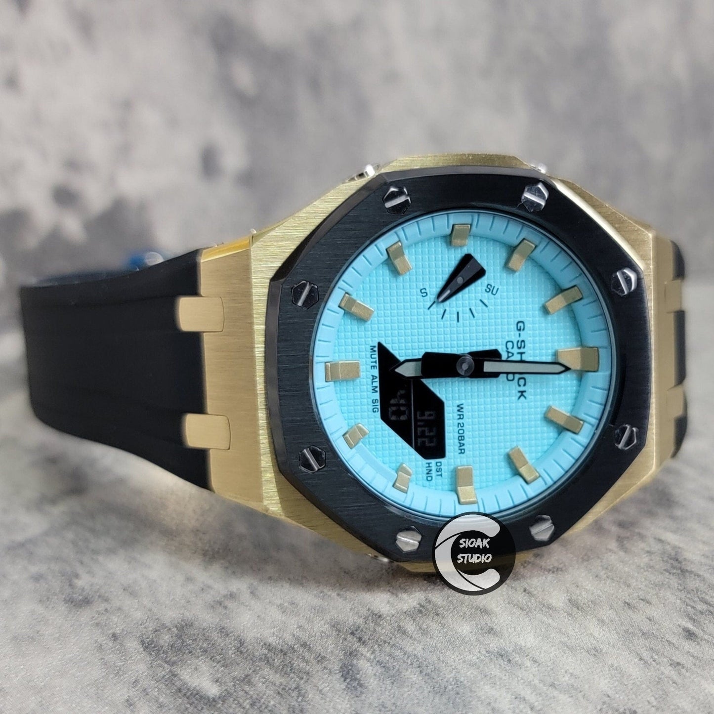 Casioak Mod Watch Black Gold Case Black Rubber Strap Black Gold Time Mark Tiffany Blue Dial 44mm - Casioak Studio