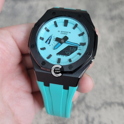 Casioak Mod Watch Black Case Tiffany Rubber Strap Tiffany Time Mark Tiffany Blue Dial 44mm - Casioak Studio