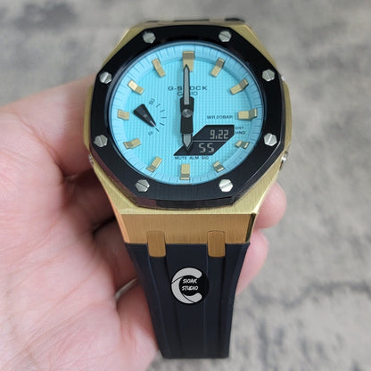 Casioak Mod Watch Black Gold Case Black Rubber Strap Black Gold Time Mark Tiffany Blue Dial 44mm - Casioak Studio