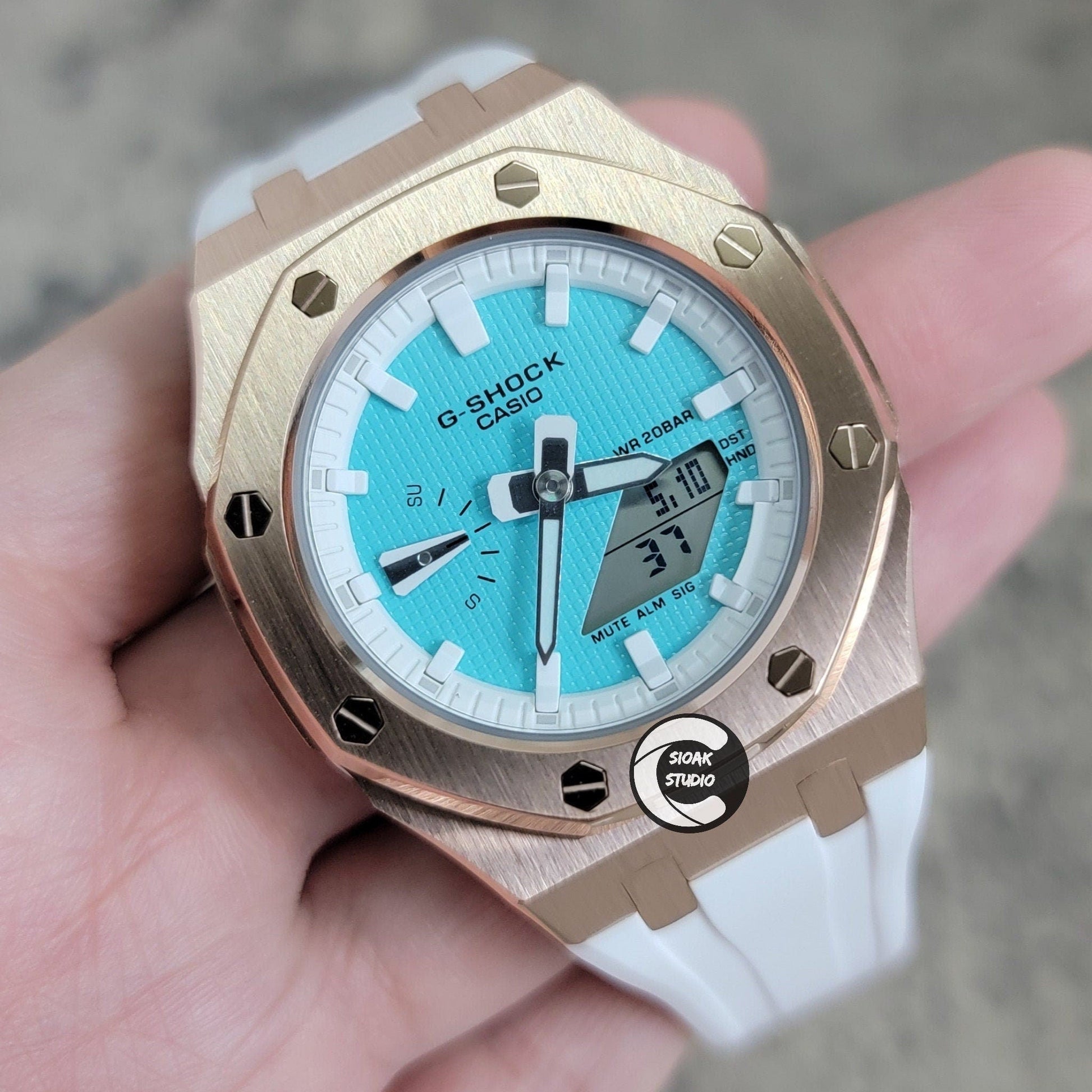 Casioak Mod Watch Rose Gold Case White Rubber Strap White Time Mark Tiffany Blue Dial 42mm - Casioak Studio