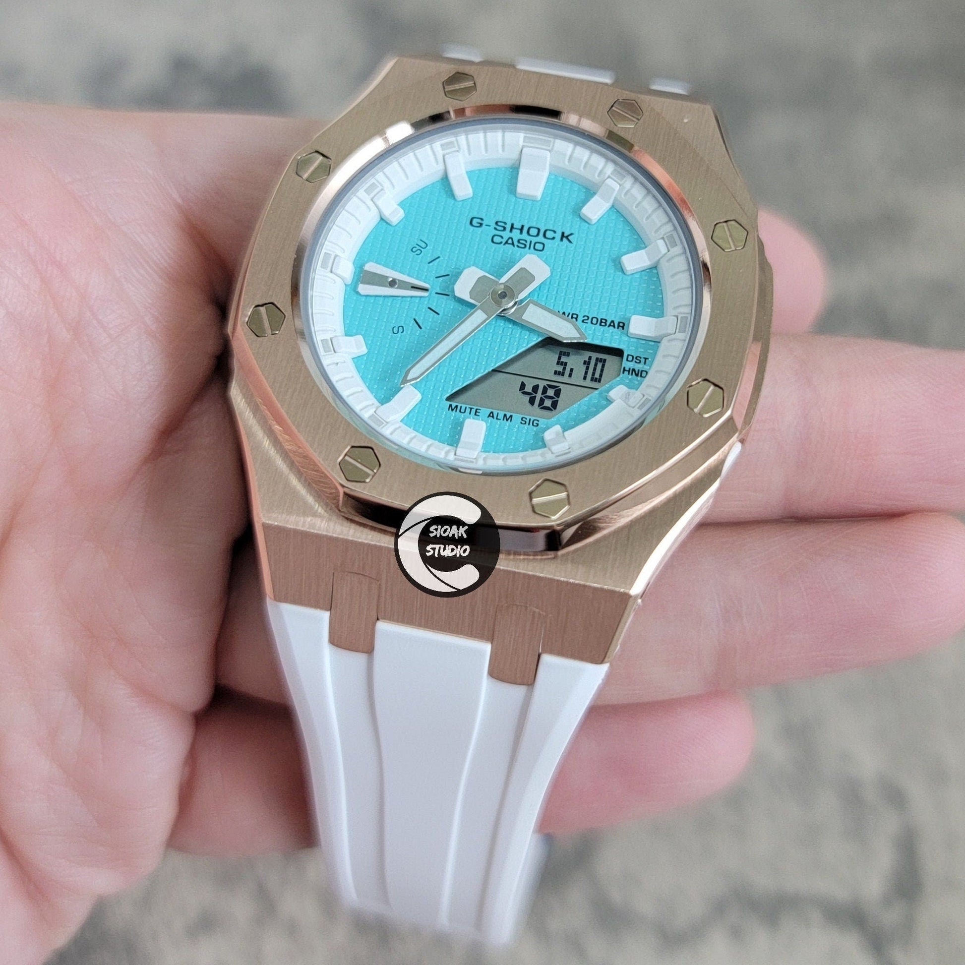 Casioak Mod Watch Rose Gold Case White Rubber Strap White Time Mark Tiffany Blue Dial 42mm - Casioak Studio