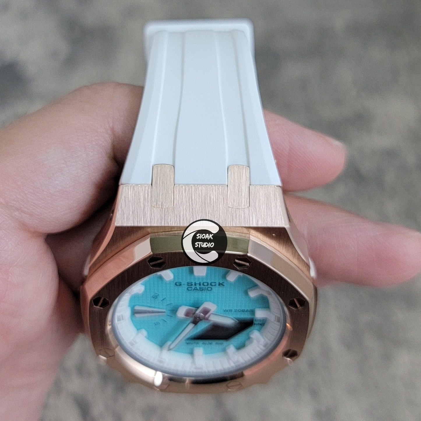 Casioak Mod Watch Rose Gold Case White Rubber Strap White Time Mark Tiffany Blue Dial 42mm - Casioak Studio