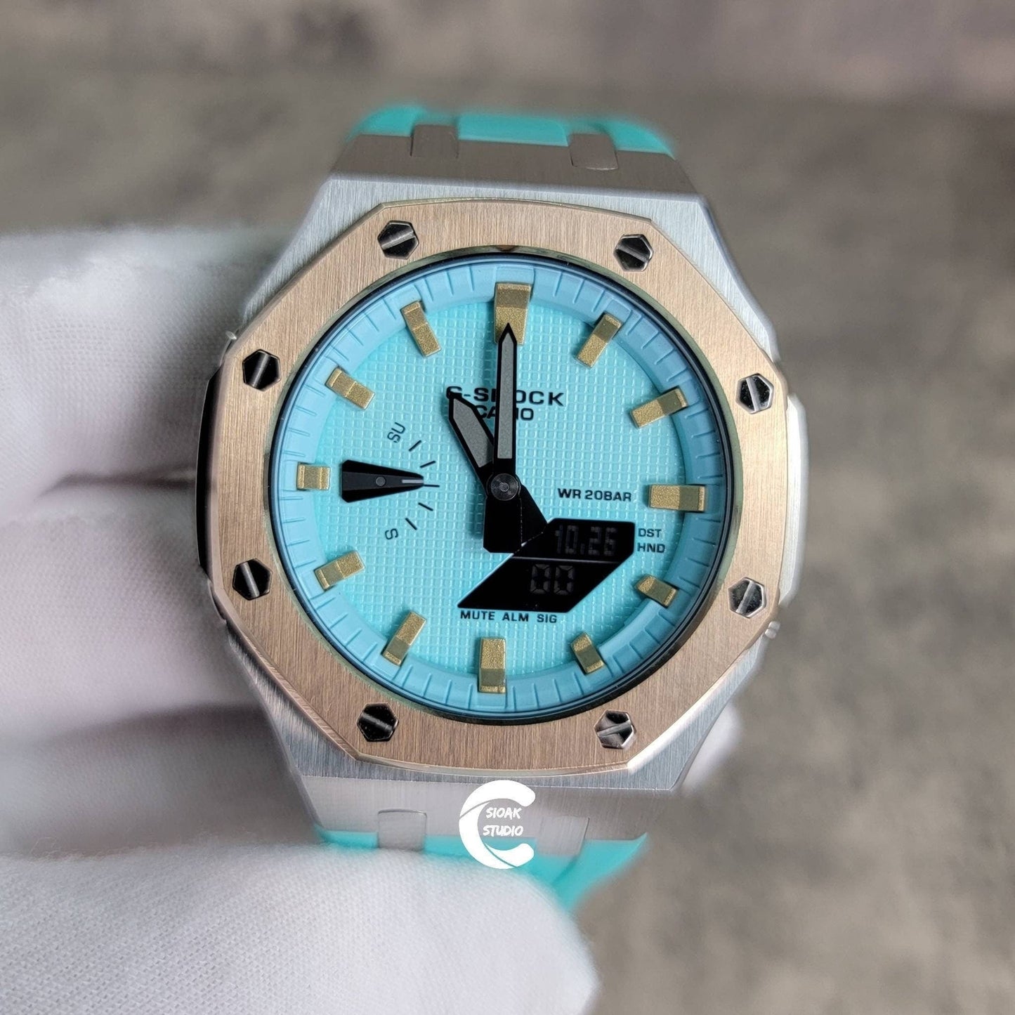 Casioak Mod Watch Rose Gold Silver Case Tiffany Rubber Strap Tiffany Gold Time Mark Tiffany Blue Dial 44mm - Casioak Studio