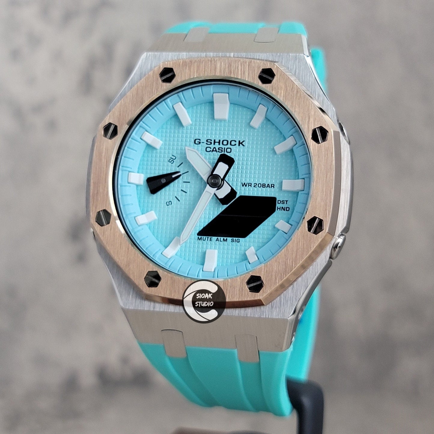 Casioak Mod Watch Rose Gold Silver Case Tiffany Rubber Strap Tiffany White Time Mark Tiffany Blue Dial 44mm - Casioak Studio