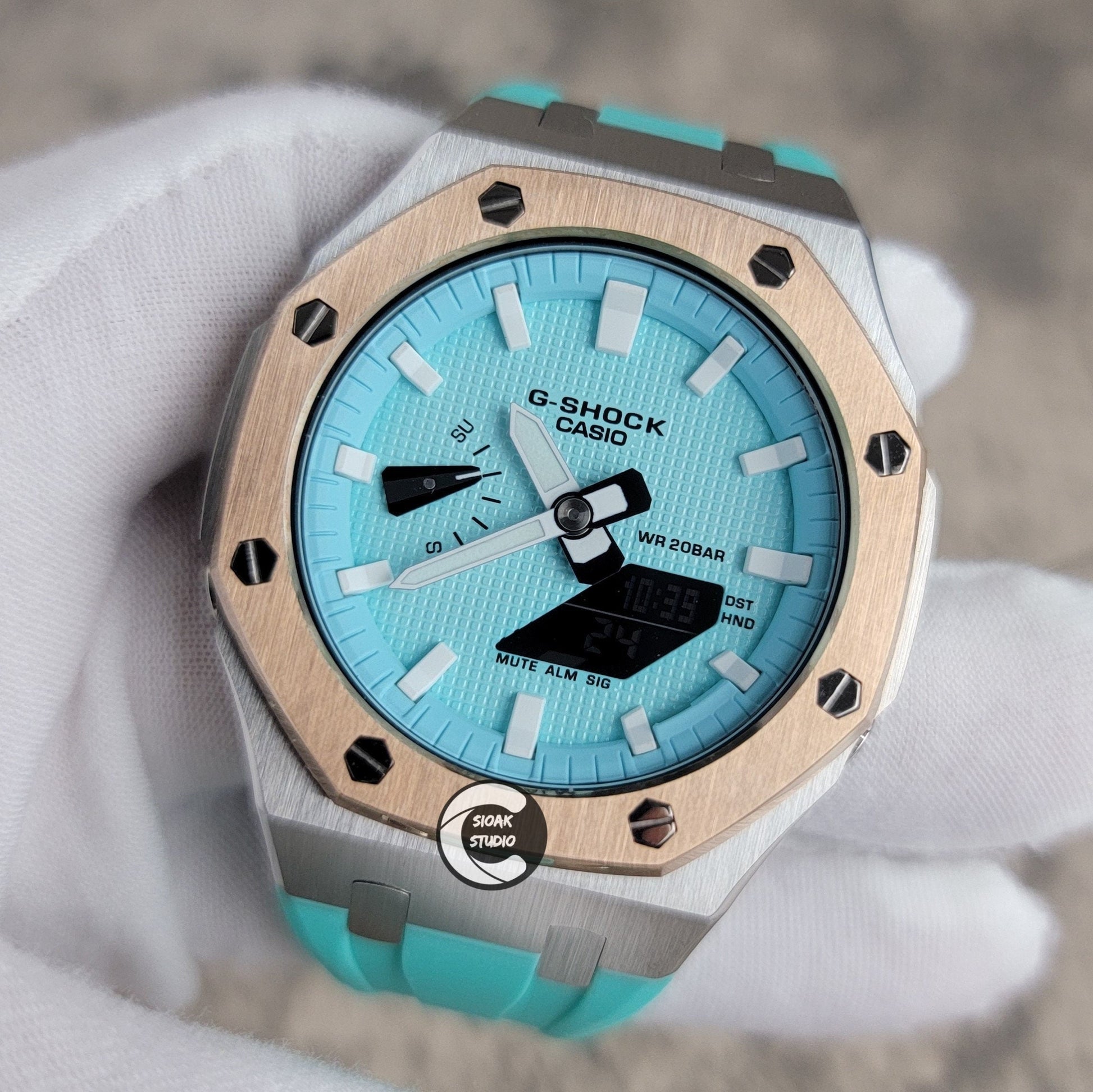 Casioak Mod Watch Rose Gold Silver Case Tiffany Rubber Strap Tiffany White Time Mark Tiffany Blue Dial 44mm - Casioak Studio