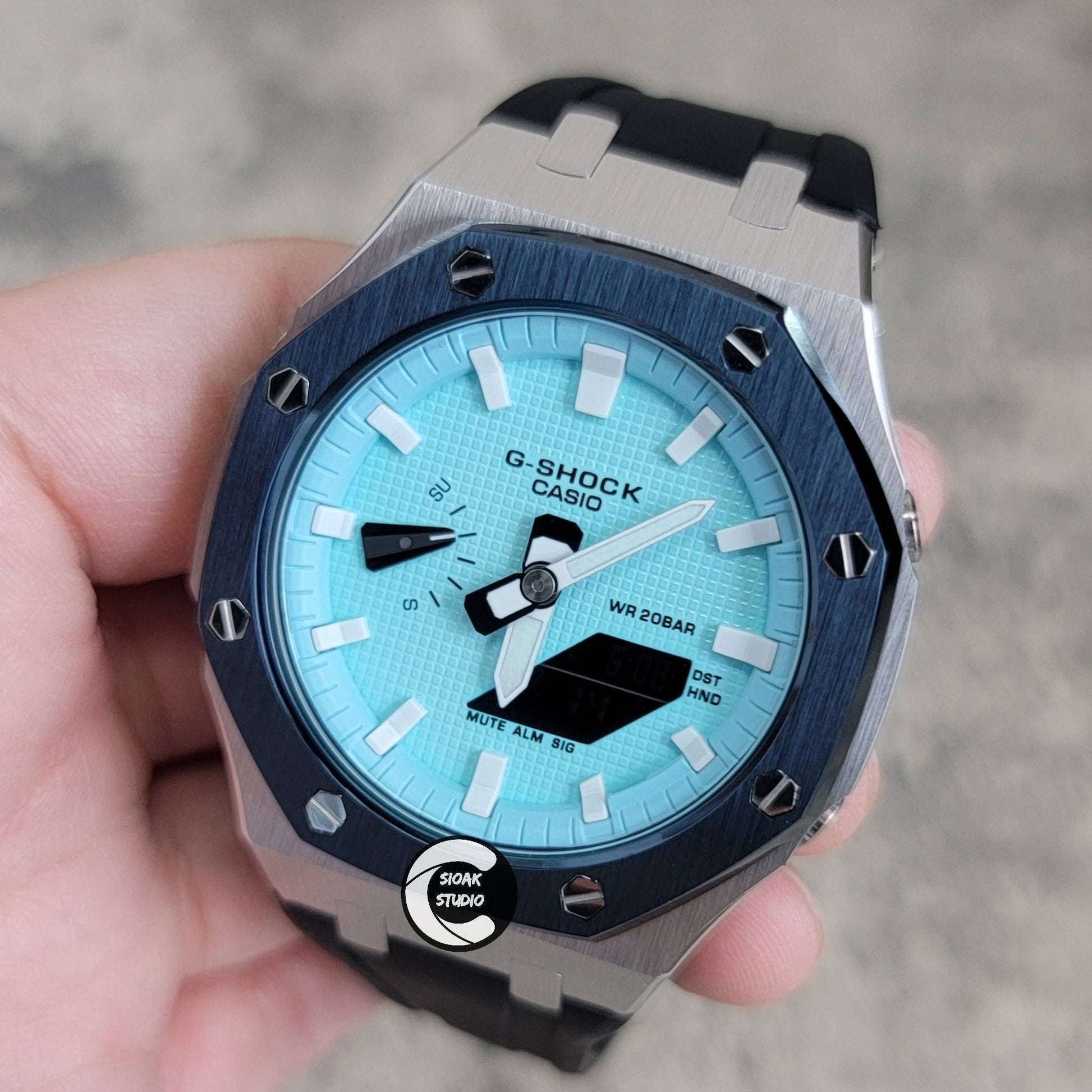 Casioak Mod Watch Blue Silver Case Black Rubber Strap Tiffany White Time Mark Tiffany Blue Dial 44mm - Casioak Studio