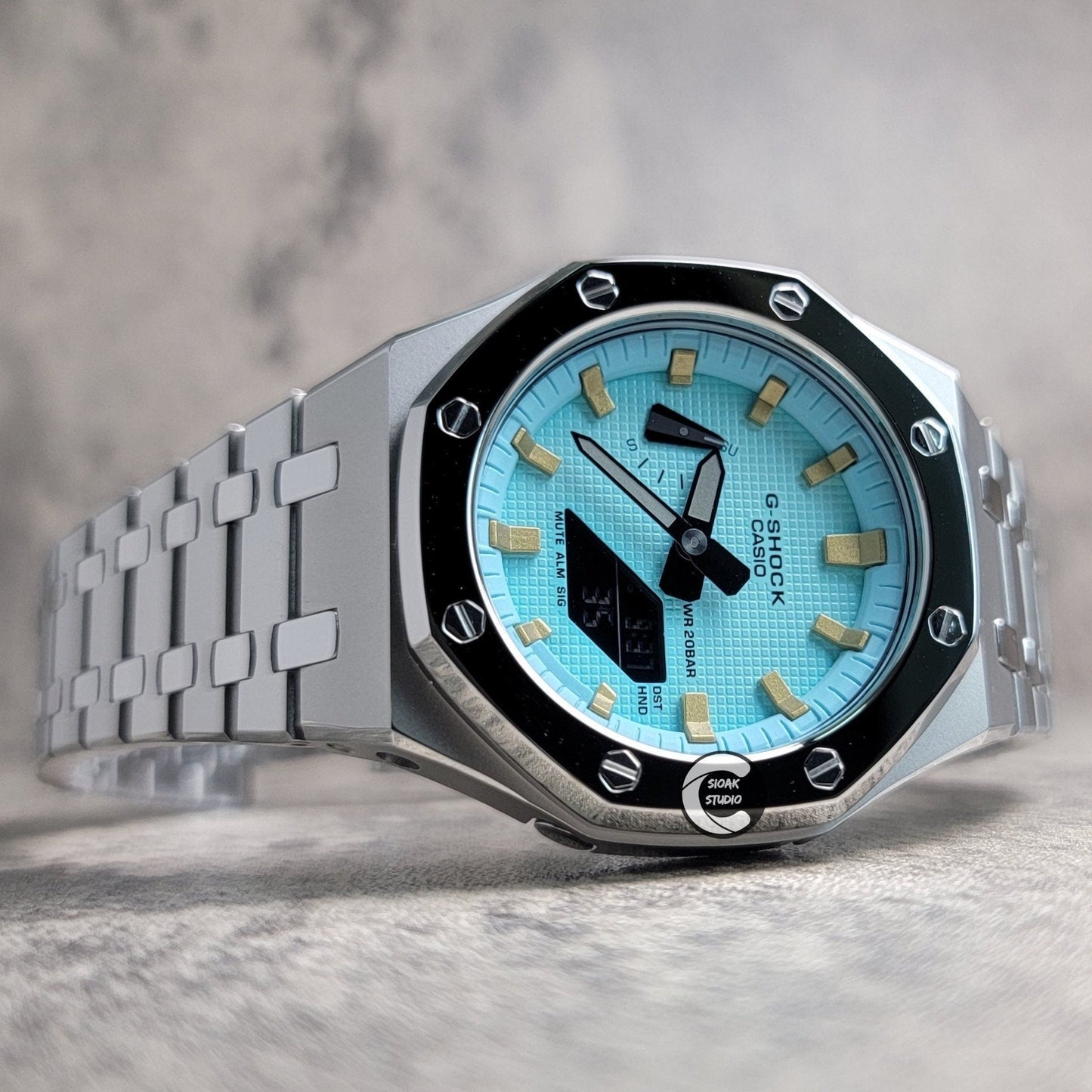 Casioak Mod Watch Polished Silver Case Metal Strap Tiffany Gold Time Mark Tiffany Blue Dial 44mm - Casioak Studio