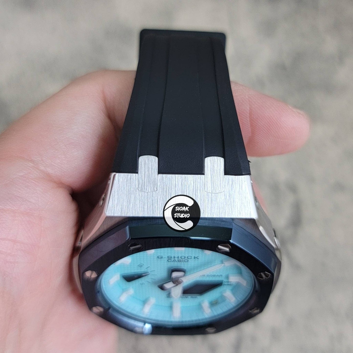 Casioak Mod Watch Blue Silver Case Black Rubber Strap Tiffany White Time Mark Tiffany Blue Dial 44mm - Casioak Studio