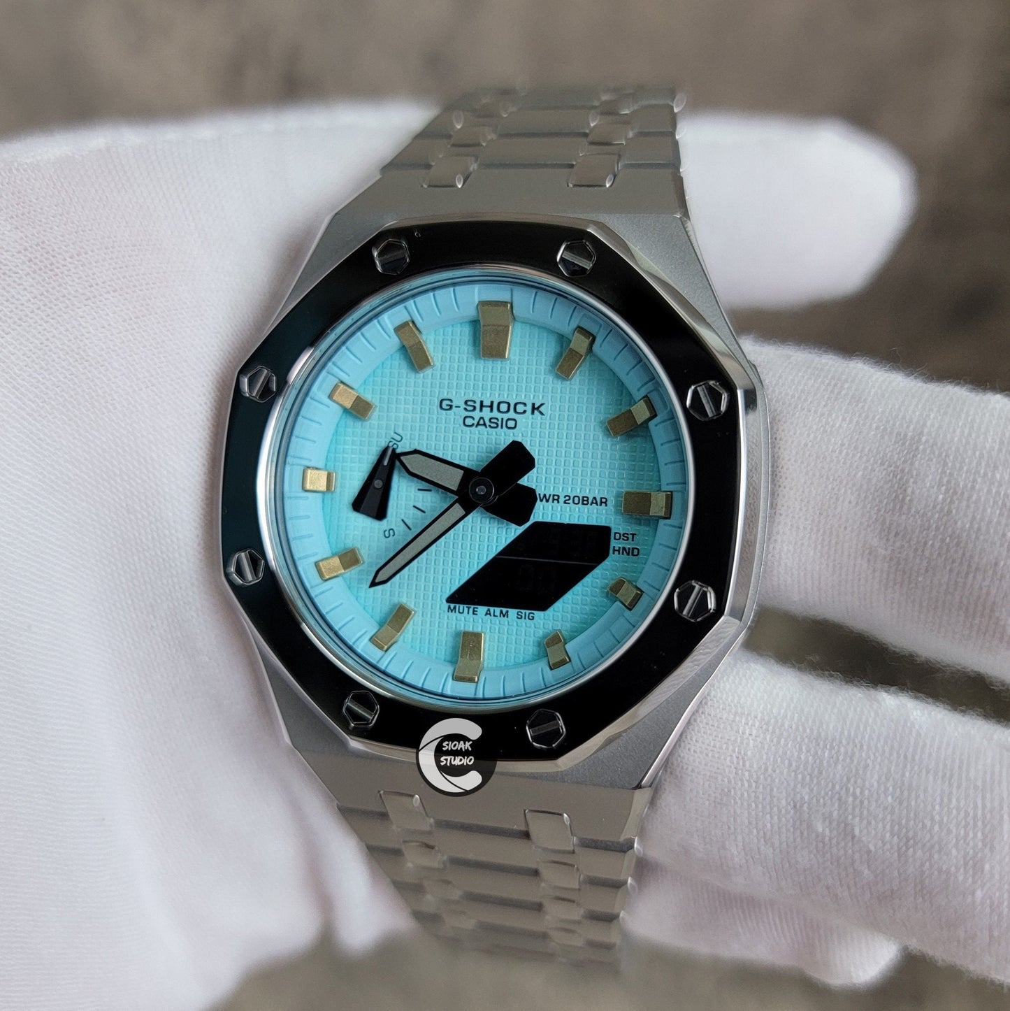 Casioak Mod Watch Polished Silver Case Metal Strap Tiffany Gold Time Mark Tiffany Blue Dial 44mm - Casioak Studio