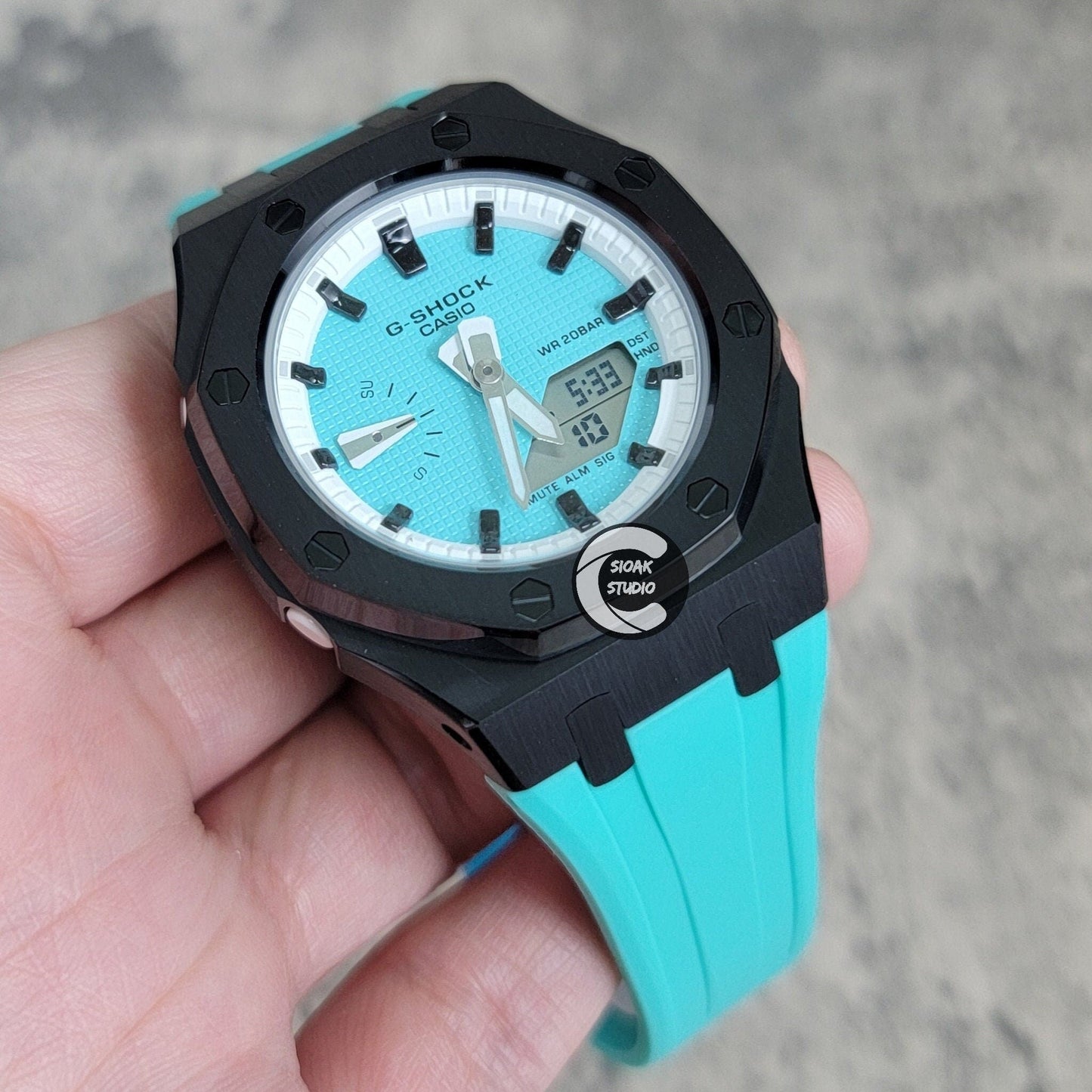 Casioak Mod Watch Black Case Tiffany Rubber Strap White Black Time Mark Tiffany Blue Dial 42mm - Casioak Studio