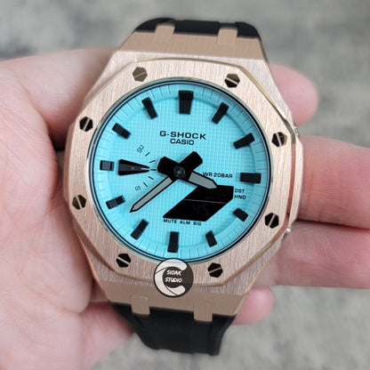 Casioak Mod Watch Rose Gold Case Black Rubber Strap Tiffany Time Mark Tiffany Blue Dial 44mm - Casioak Studio