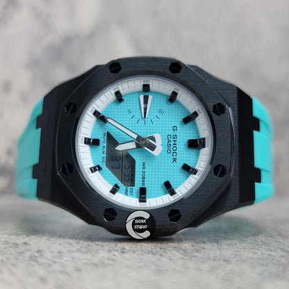 Casioak Mod Watch Black Case Tiffany Rubber Strap White Black Time Mark Tiffany Blue Dial 42mm - Casioak Studio