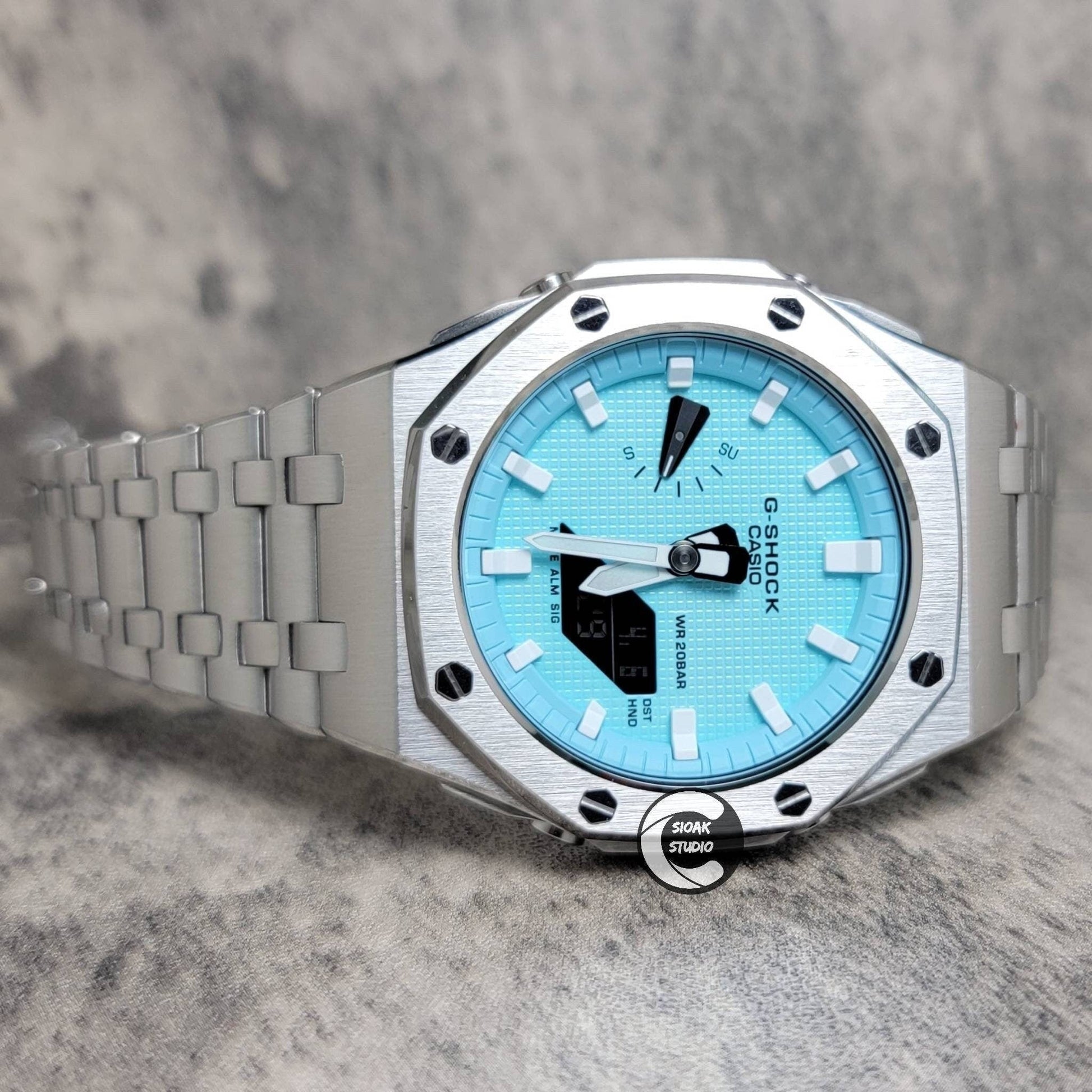 Casioak Mod Watch Offshore Superior Silver Case Metal Strap Tiffany White Time Mark Tiffany Blue Dial 44mm - Casioak Studio