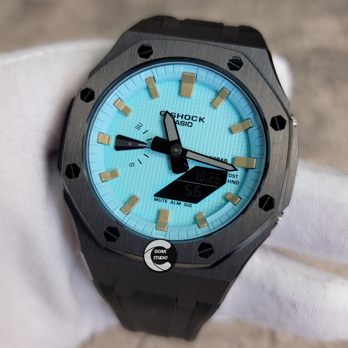 Casioak Mod Watch Black Case Black Rubber Strap Tiffany Gold Time Mark Tiffany Blue Dial 44mm - Casioak Studio