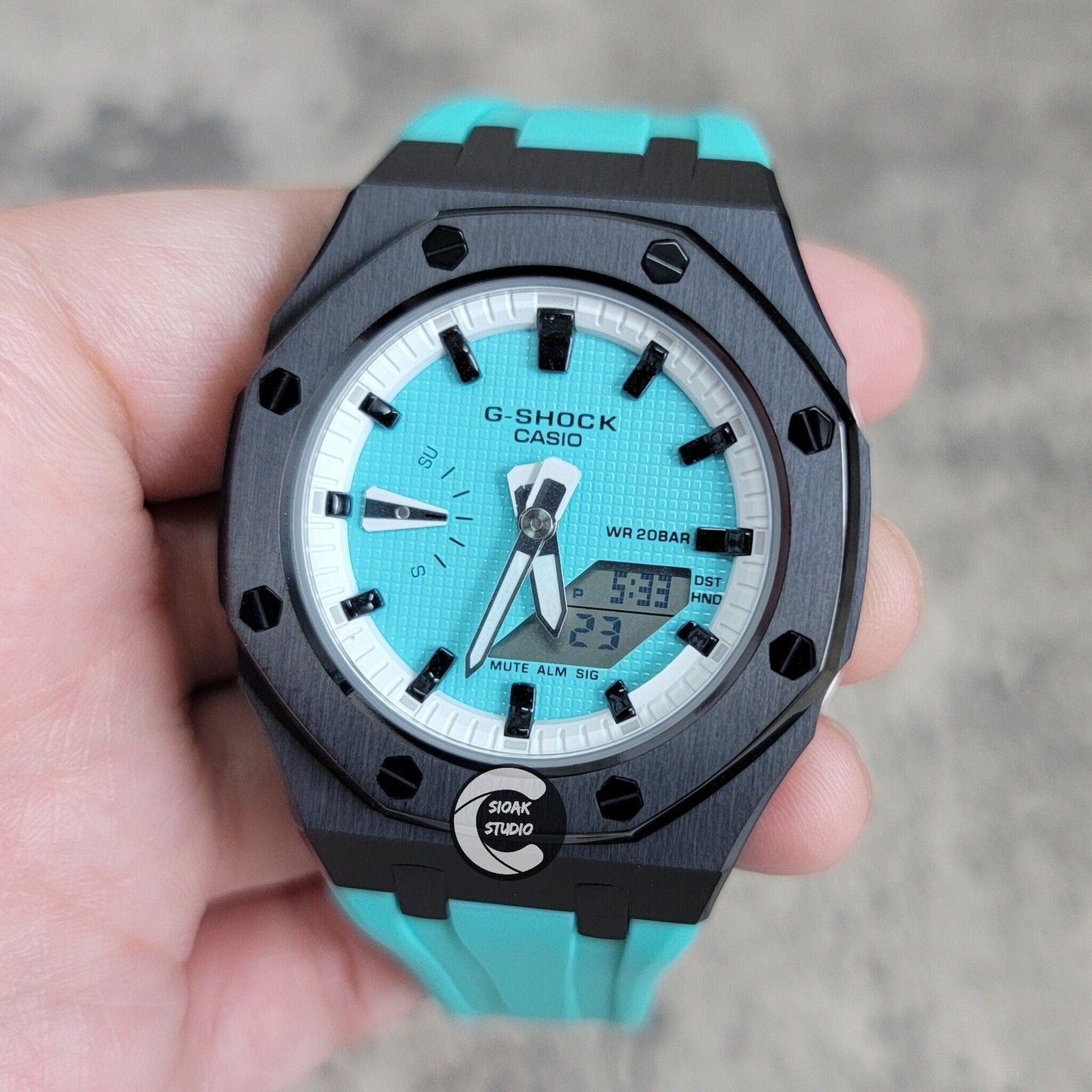 Casioak Mod Watch Black Case Tiffany Rubber Strap White Black Time Mark Tiffany Blue Dial 42mm - Casioak Studio