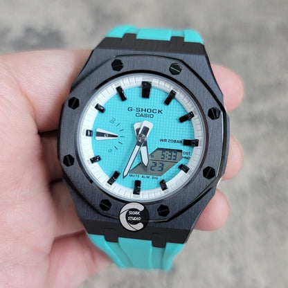 Casioak Mod Watch Black Case Tiffany Rubber Strap White Black Time Mark Tiffany Blue Dial 42mm - Casioak Studio