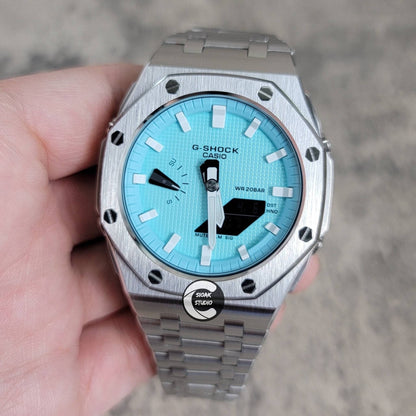 Casioak Mod Watch Offshore Superior Silver Case Metal Strap Tiffany White Time Mark Tiffany Blue Dial 44mm - Casioak Studio