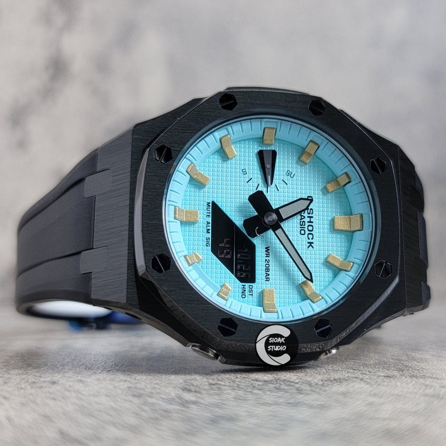 Casioak Mod Watch Black Case Black Rubber Strap Tiffany Gold Time Mark Tiffany Blue Dial 44mm - Casioak Studio