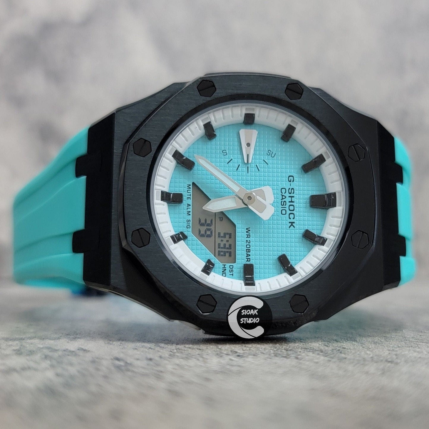 Casioak Mod Watch Black Case Tiffany Rubber Strap White Black Time Mark Tiffany Blue Dial 42mm - Casioak Studio