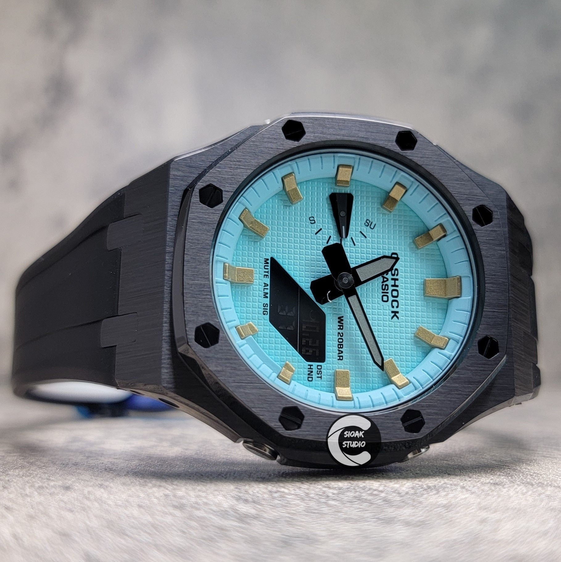 Casioak Mod Watch Black Case Black Rubber Strap Tiffany Gold Time Mark Tiffany Blue Dial 44mm - Casioak Studio