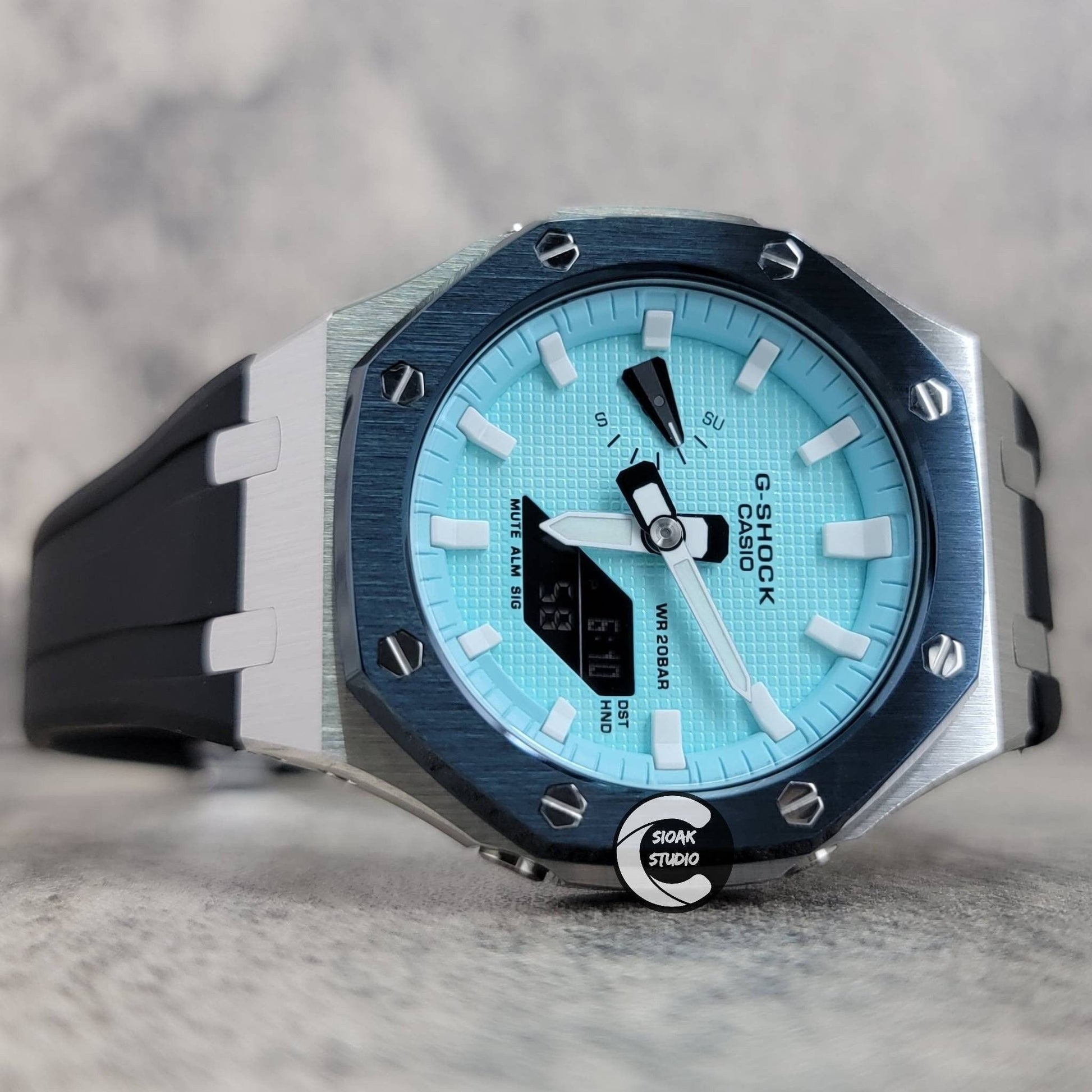 Casioak Mod Watch Blue Silver Case Black Rubber Strap Tiffany White Time Mark Tiffany Blue Dial 44mm - Casioak Studio