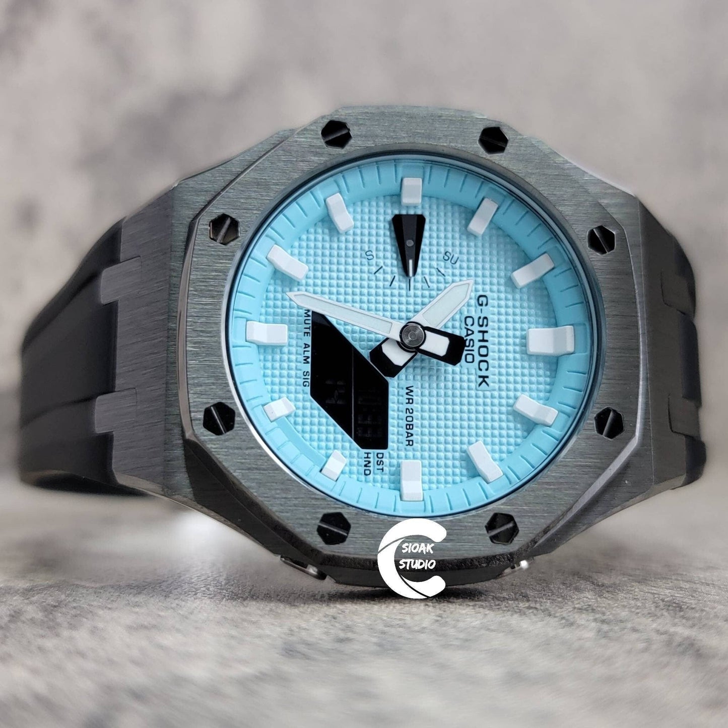 Casioak Mod Watch Gray Case Black Rubber Strap Tiffany White Time Mark Tiffany Blue Dial 44mm - Casioak Studio