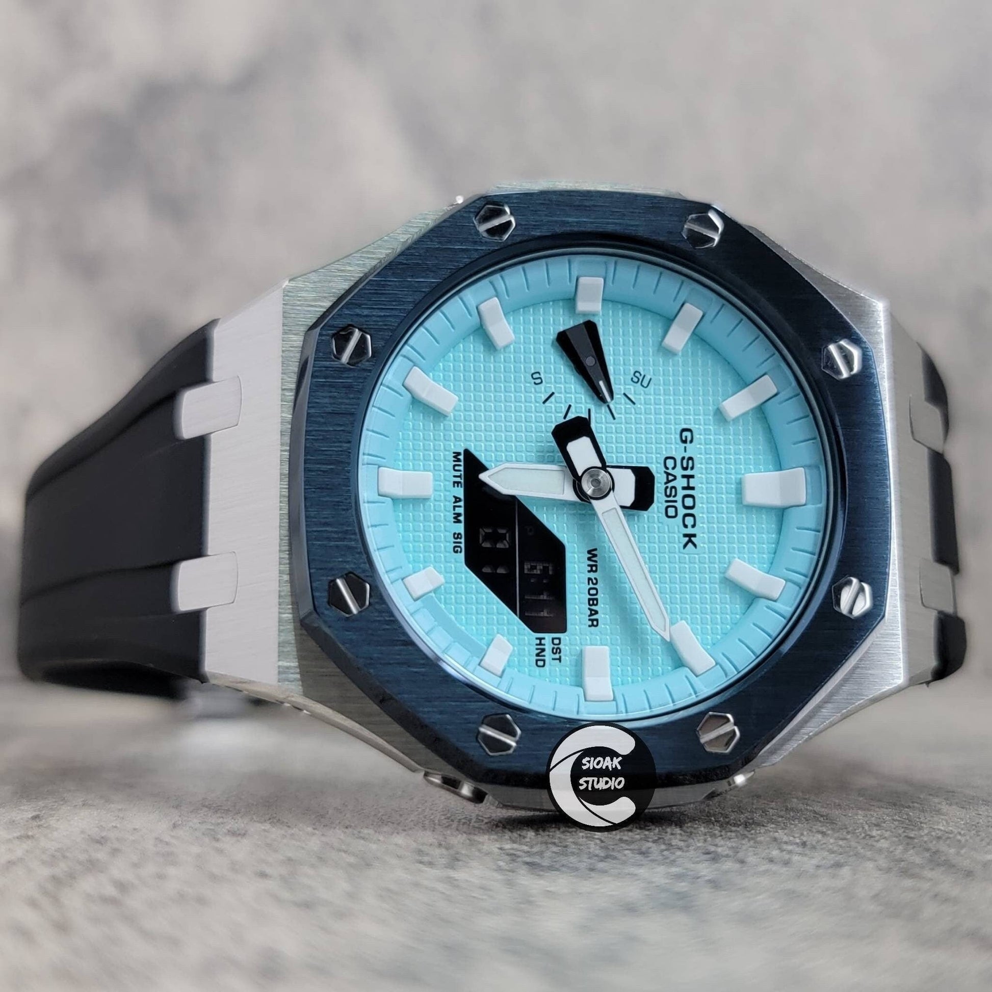 Casioak Mod Watch Blue Silver Case Black Rubber Strap Tiffany White Time Mark Tiffany Blue Dial 44mm - Casioak Studio