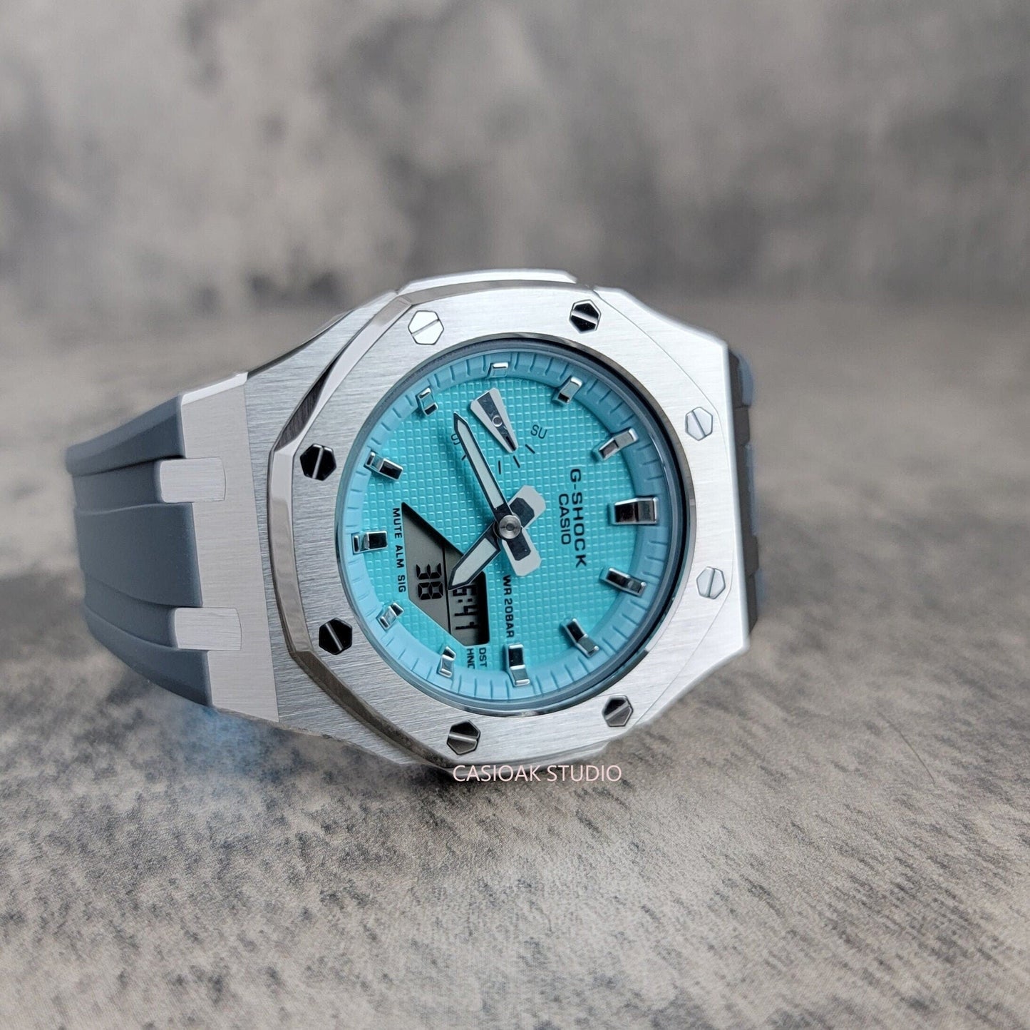 Casioak Mod Watch Silver Case Gray Rubber Strap Tiffany Silver Time Mark Tiffany Blue Dial 42mm - Casioak Studio