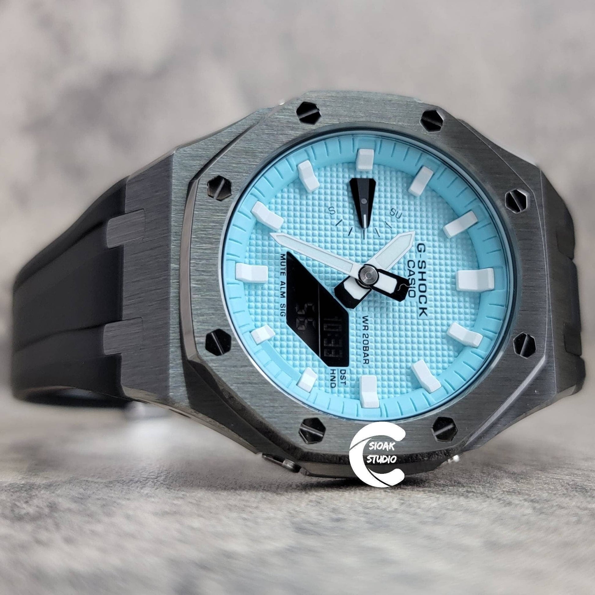 Casioak Mod Watch Gray Case Black Rubber Strap Tiffany White Time Mark Tiffany Blue Dial 44mm - Casioak Studio