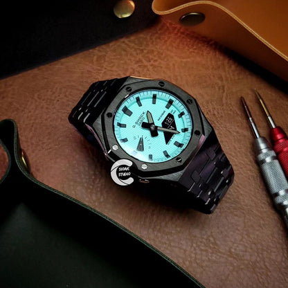 Casioak Mod Watch Black Case Metal Strap Tiffany Black Time Mark Tiffany Blue Dial 44mm - Casioak Studio